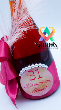 Sticla ornata cu panglica satin, pene, perle si mesaj personalizat [2]