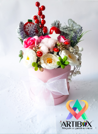 Craciun 2021 - Aranjament tematica de sarbatoare in cutie cu fundita - Rosa