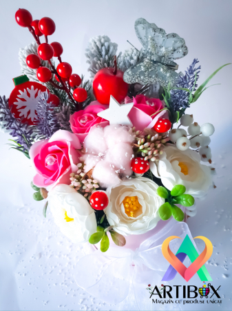 Aranjament tematica de sarbatoare in cutie cu fundita - Rosa [4]