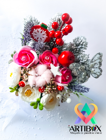 Aranjament tematica de sarbatoare in cutie cu fundita - Rosa [2]