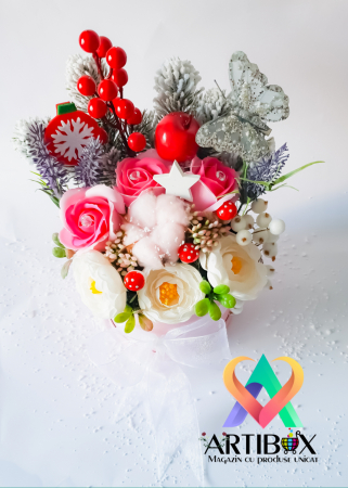 Aranjament tematica de sarbatoare in cutie cu fundita - Rosa [1]