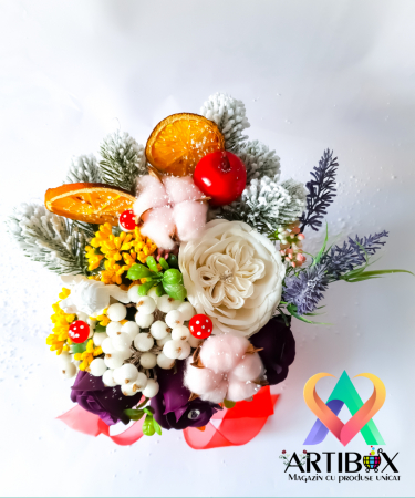 Aranjament tematica de sarbatoare in cutie cu fundita - White [3]