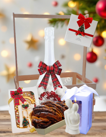 Craciun 2025 - Cadou delicios cu Cozonac insiropat in Vinars, Sampanie decorata cu flori de bumbac si Ciocolata Artizanala