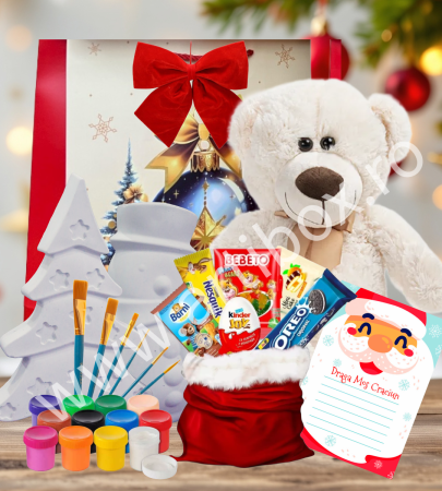 PRODUSE EDUCATIONALE - Cadou copii - Figurine mari din ipsos pentru pictura, ursulet de plus, acuarele si mix de dulciuri