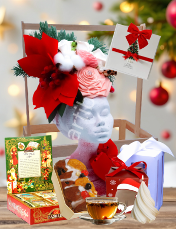 Craciun 2025 - Cadou delicios cu Cozonac Panettone, Aranjament decorativ de Craciun in vaza si Ceai Vintage Style