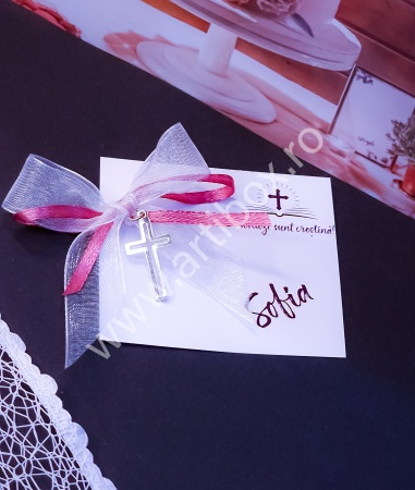 Cruciulite botez argintii cu fundita alb-roz [1]