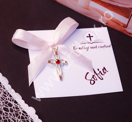 Cruciulita metalica cu stras rosu si panglica din satin [1]