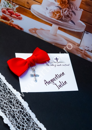 Cruciulita cu fundita - marturie cu stras colorat pentru botez - Rubin [1]