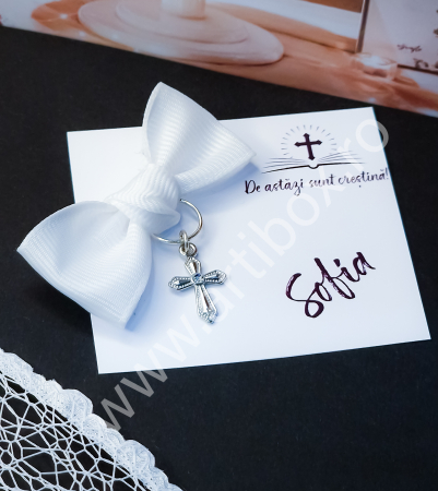 Cruciulite botez - Cruciulita cu fundita - marturie cu stras colorat pentru botez - White