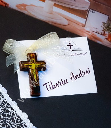 Cruciulite botez - Cruciulita marturie din lemn pentru botez cu panglica organza