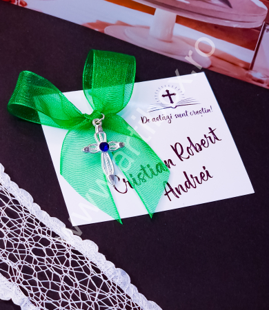 Cruciulite botez - Cruciulita metalica cu stras albastru si panglica organza