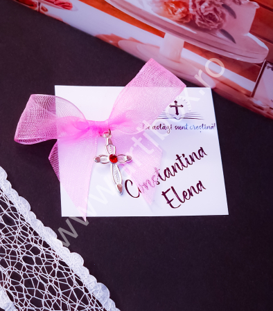 Cruciulite botez - Cruciulita metalica cu stras colorat si panglica organza color