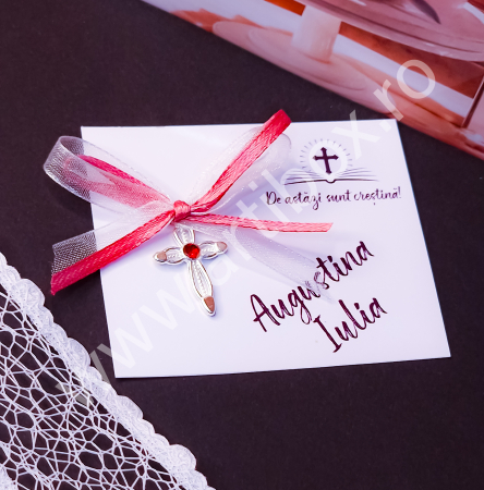 Cruciulite botez - Cruciulita metalica cu stras rosu si panglica organza si satin