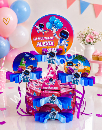 Cadouri copii - Cutii personalizate in forma de felie de tort pentru aniversari, cu toppere si fundite incluse - Model Astrobot 2
