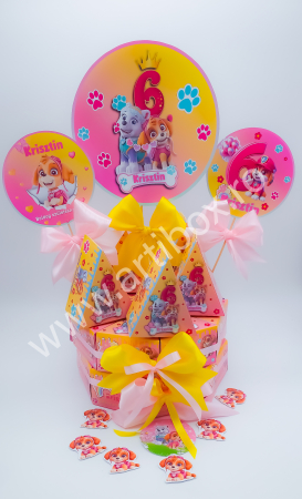 Cutii personalizate in forma de felie de tort pentru aniversari, cu toppere si fundite incluse - Model Paw Patrol [3]