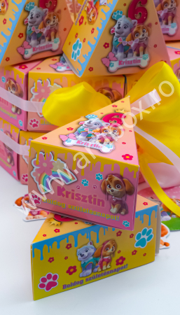 Cutii personalizate in forma de felie de tort pentru aniversari, cu toppere si fundite incluse - Model Paw Patrol [2]
