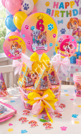 Cadouri copii - Cutii personalizate in forma de felie de tort pentru aniversari, cu toppere si fundite incluse - Model Paw Patrol