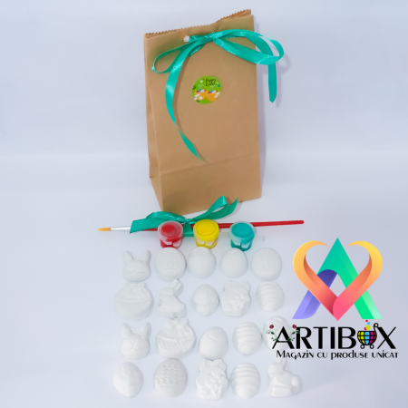Artibox cu figurine ipsos - Figurine Oua Paste din ipsos pentru pictura - acuarele, pensula incluse