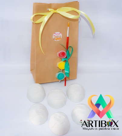 Artibox cu figurine ipsos - Set Figurine Oua Paste din ipsos pentru pictura - acuarele, pensula incluse