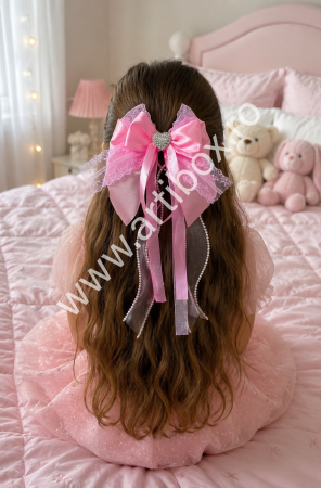 Cadouri copii - Fundita clama pentru par - Model cu satin si dantela, inimioara cu strasuri si clips oranjollie metal mare