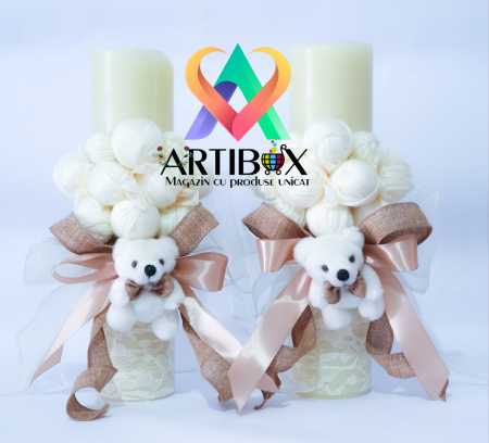Lumanare crem pentru botez cu ursulet de plus, gheme, dantela si panglica [2]