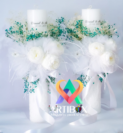 Lumanari pentru nunta cu bujori si flori criogenate, dantela, broderie, pene [2]