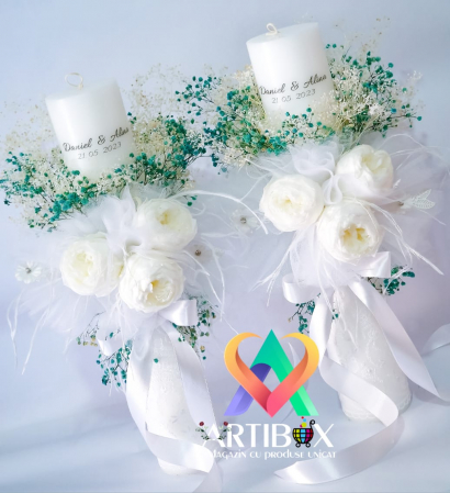 Lumanari pentru nunta cu bujori si flori criogenate, dantela, broderie, pene [4]
