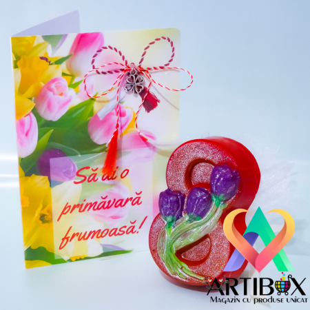 Martisor cu felicitare - Martisor cifra 8 din ipsos glazurat, pralina Raffaello, felicitare si charm argintiu