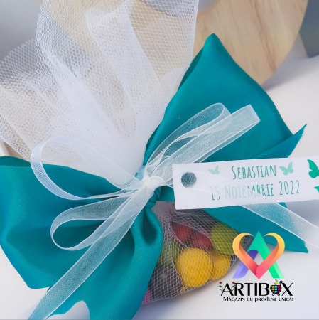 Marturie botez cu panglica din satin si drajeuri multicolore [1]