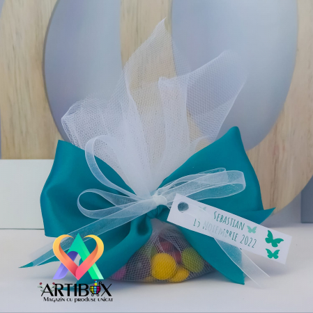 Marturii botez - Marturie botez cu panglica din satin si drajeuri multicolore