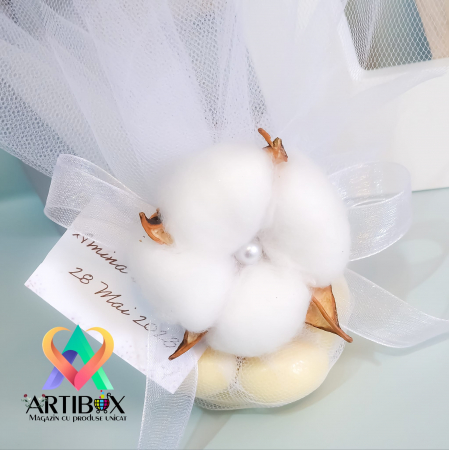 Marturie nunta cu floare de bumbac, funda organza si arahide glazurate [1]