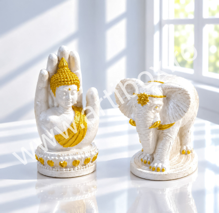 PRODUSE - Set 2 Figurine Feng Shui - Buddha in Mana si Elefant Regal Alb | Din Ceramica - Pictate manual, Platinum White - Rich Gold | Decor Zen