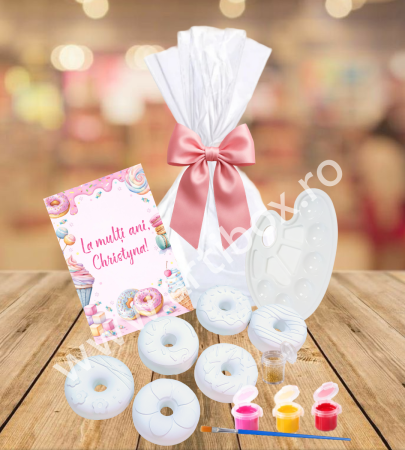 Set 6 figurine din ipsos gogosi pentru pictura, felicitare, sclipici, acuarele si pensula incluse - aniversari si activitati pentru copii [1]