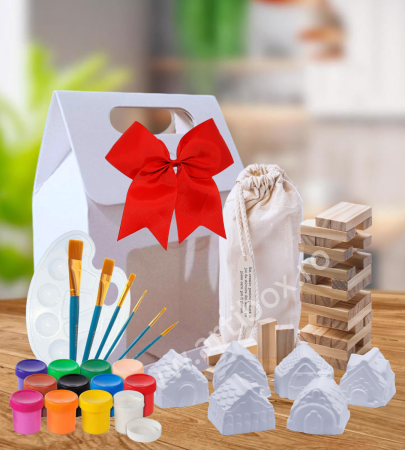 Craciun 2025 - Set creativ pentru pictura - casute din ipsos si turn Jenga din lemn