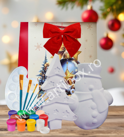Artibox cu figurine ipsos - Set de pictura - figurine ipsos om de zapada si bradut, acuarele, paleta si acuarele