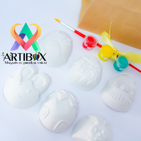 Set 6 Figurine Oua Paste din ipsos pentru pictura - acuarele, pensula incluse [1]