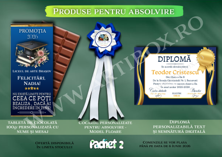 Promotia saptamanii - Seturi personalizate de absolvire - Diploma, cocarda floare si ciocolata