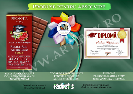 Toci, diplome si cocarde absolvire - Seturi personalizate de absolvire - Diploma, cocarda multicolora si ciocolata - Pachet 5