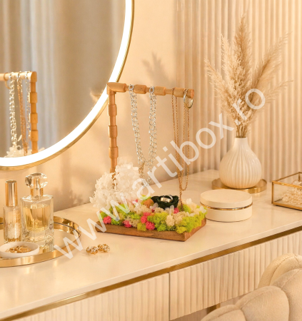 Licheni naturali stabilizati - Suport de bijuterii din lemn natur decor licheni naturali stabilizati si hortensii criogenate