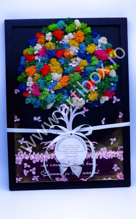 Licheni naturali stabilizati - Tablou copacul vietii cu flori criogenate si licheni naturali stabilizati multicolori