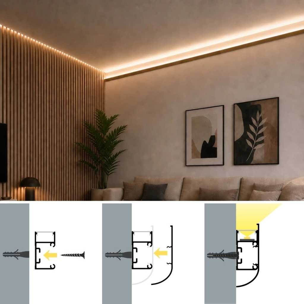 Profil aluminiu pentru Banda LED, montaj aparent, pentru iluminare indirectă perete/tavan, 2 m. [3]