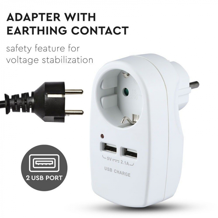 ADAPTOR PRIZA 16A 3680W + 2USB 2.1A, ALB [8]