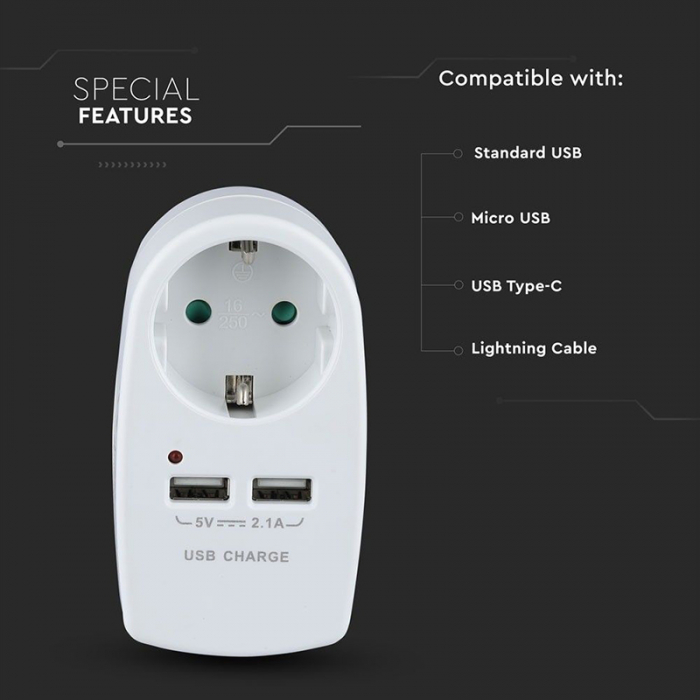 ADAPTOR PRIZA 16A 3680W + 2USB 2.1A, ALB [7]
