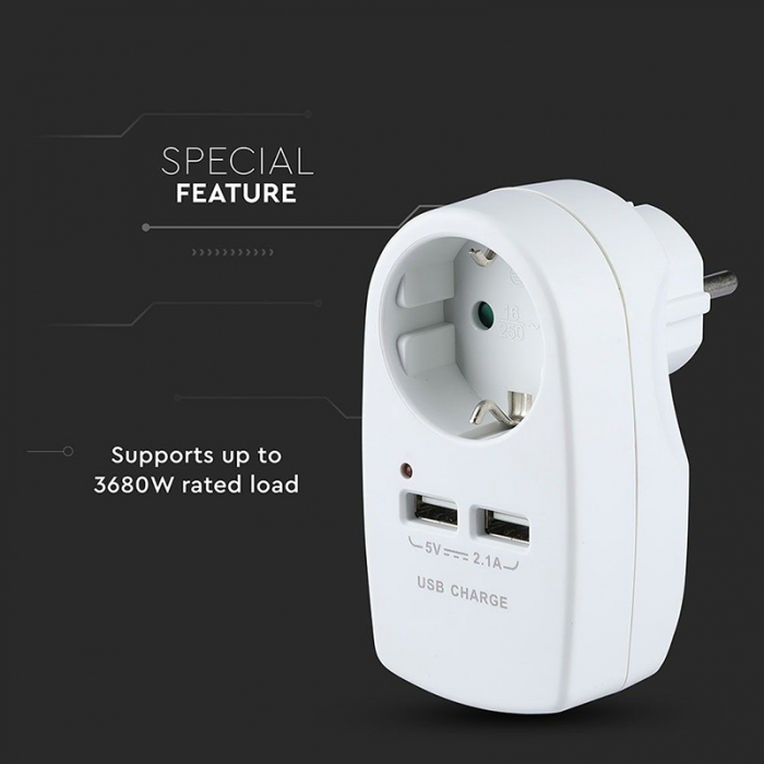 ADAPTOR PRIZA 16A 3680W + 2USB 2.1A, ALB [6]