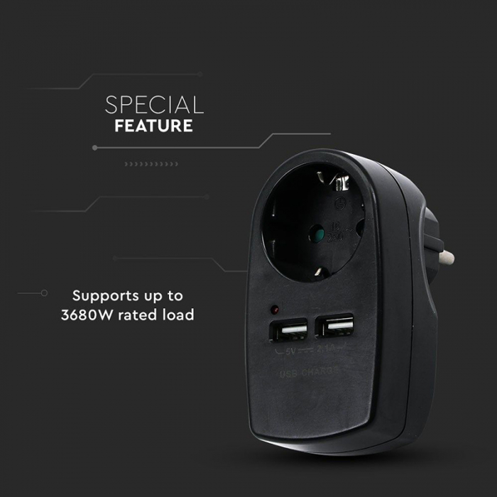 ADAPTOR PRIZA 16A 3680W + 2USB 2.1A, NEGRU [4]