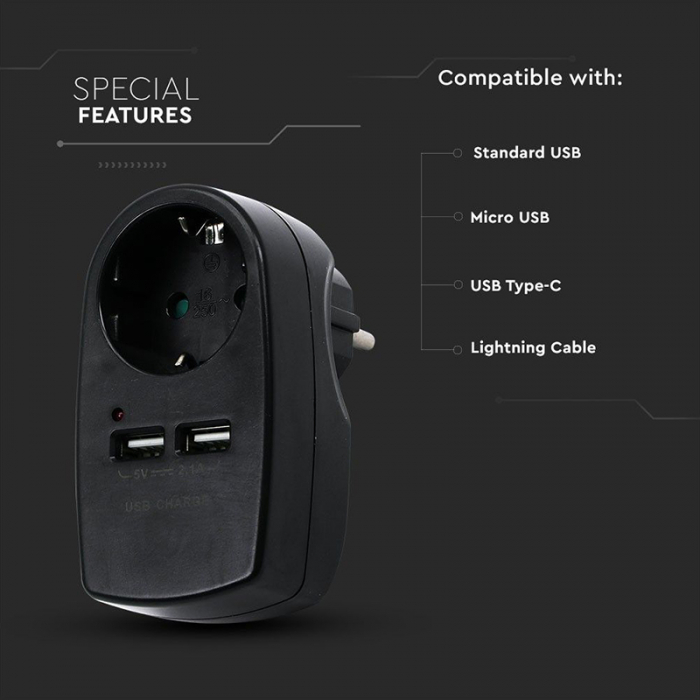 ADAPTOR PRIZA 16A 3680W + 2USB 2.1A, NEGRU [5]