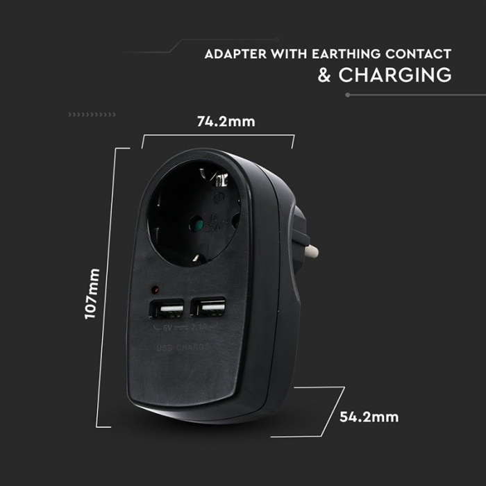 ADAPTOR PRIZA 16A 3680W + 2USB 2.1A, NEGRU [7]