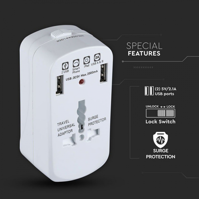 ADAPTOR UNIVERSAL PRIZA (UK,US,EU) CU PROTECTIE SI 2USB 2.1A [7]