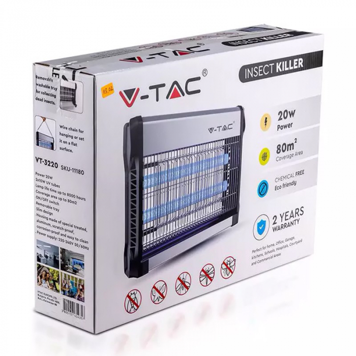 Lampa electrica UV, Aparat anti tantari, anti muste, anti insecte, 2X10W, 80m2 V-TAC [8]