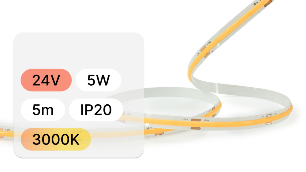 Banda LED COB 24V, 320 LED, 5W, IP20, 3000k, 115lm/W, CRI >90, alb cald, rola 5 metri [2]